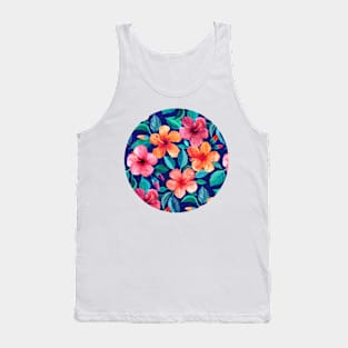 Colorful Watercolor Hibiscus on Indigo Blue Tank Top